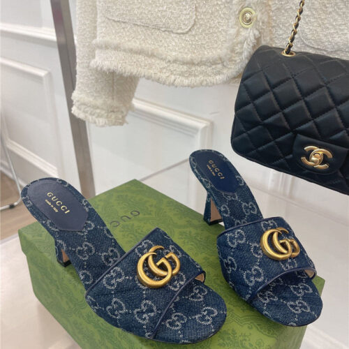 High Quality Luxury Gucci GG Buckle High Heel Slippers