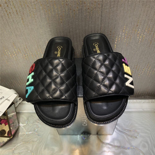 High Quality Luxury Chanel Embroidery Thick Bottom Hook And Loop Slippers – Style 77862 product detail