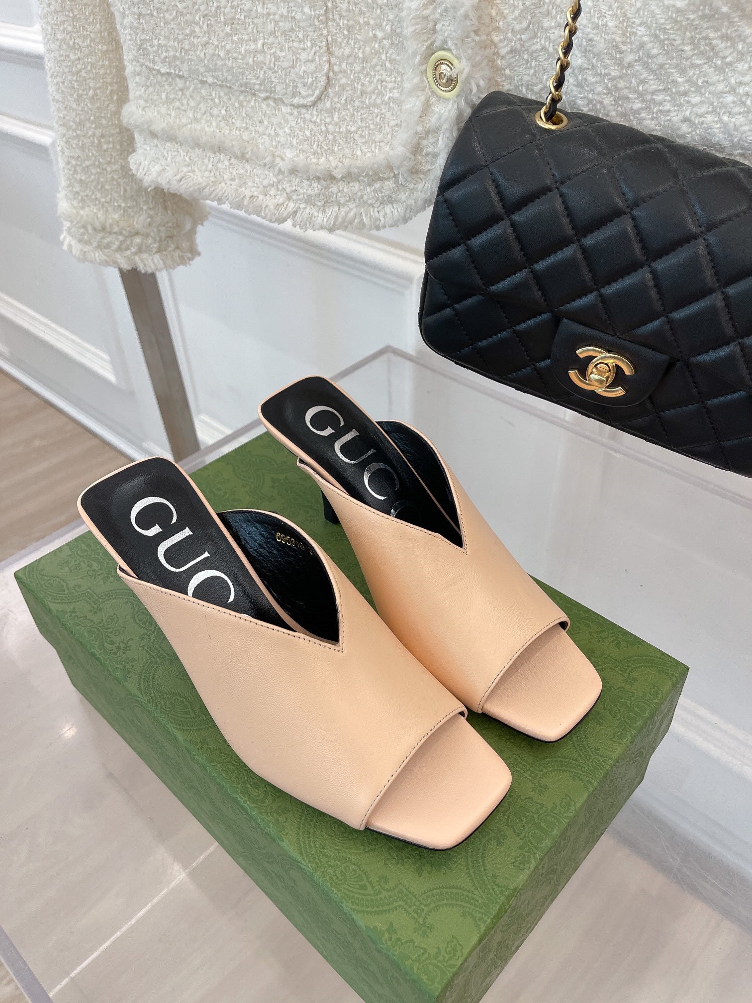 High Quality Luxury Gucci V Mouth Fish Mouth High Heel Slippers