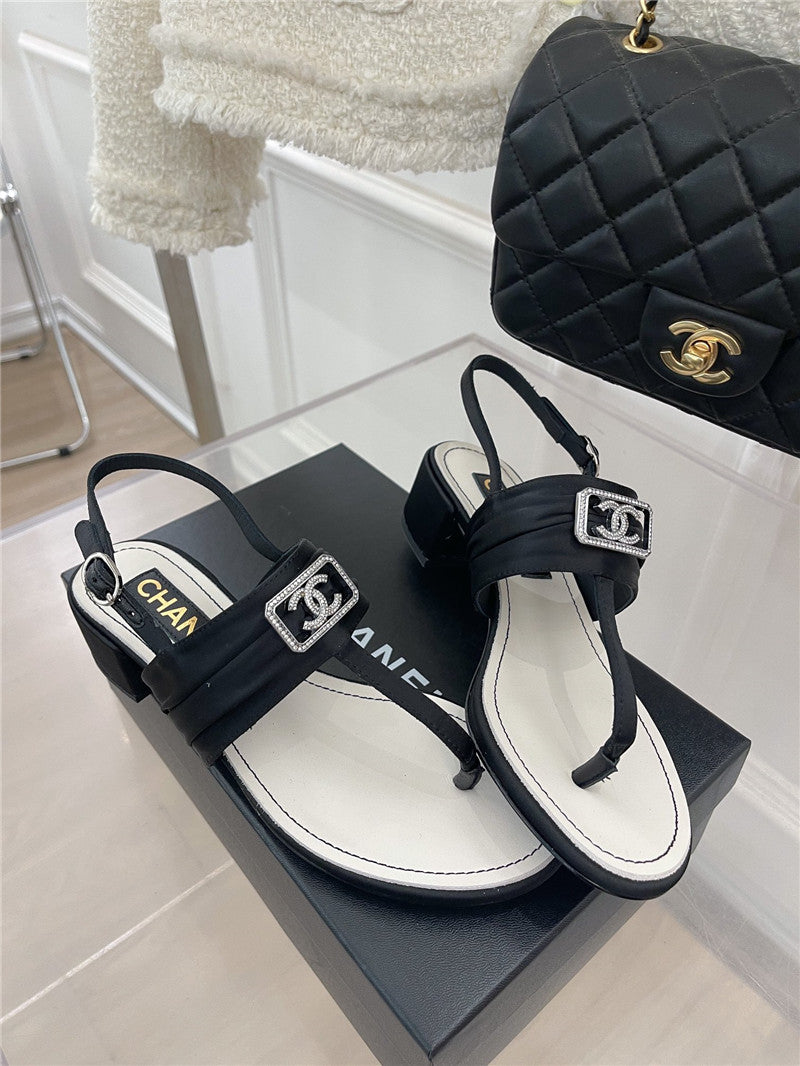High Quality Luxury Chanel Clip-On Square Diamond Buckle Block Heel Sandals