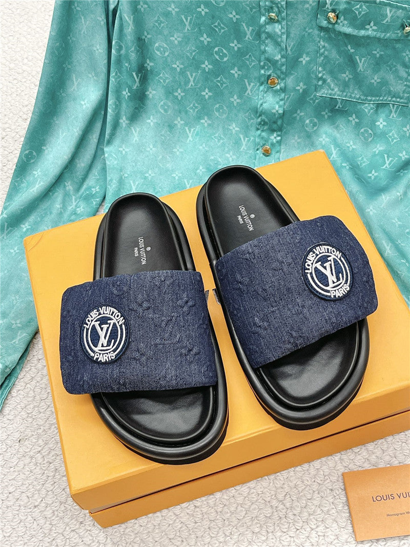 High Quality Luxury Louis Vuitton Denim Slide Slippers – Sizes 35–41 product detail