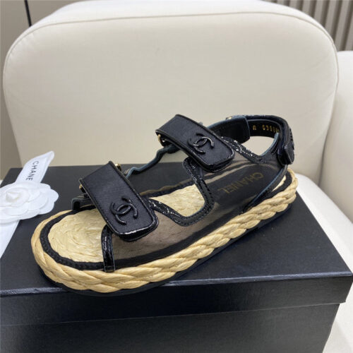 High Quality Luxury Chanel Velcro Straw Sandals – Style 93446 alternate view
