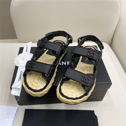 High Quality Luxury Chanel Velcro Straw Sandals – Style 93446