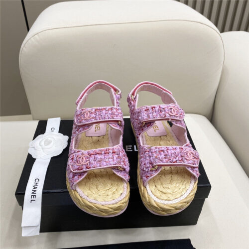 High Quality Luxury Chanel Velcro Straw Sandals – Style 62374 alternate view