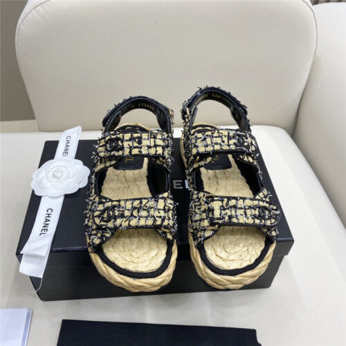 High Quality Luxury Chanel Velcro Straw Sandals alternate view
