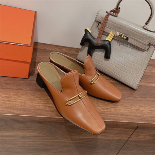 High Quality Luxury Hermes Muller Chunky Heel Slippers