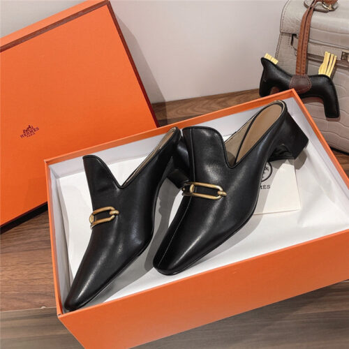 High Quality Luxury Hermes Muller Chunky Heel Slippers – Style 27971 product detail