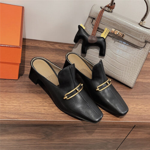 High Quality Luxury Hermes Muller Chunky Heel Slippers – Style 27971