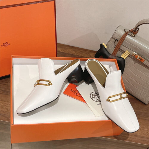 High Quality Luxury Hermes Muller Chunky Heel Slippers – Style 29667 product detail
