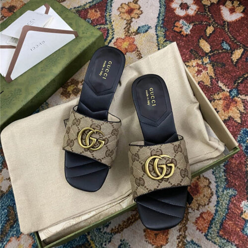 High Quality Luxury Gucci Diamond Lozenge Chunky Heel Slippers – Style 25523 product detail