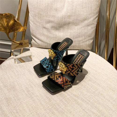 High Quality Luxury Fendi X Versace Medusa FF Logo High Heel Slippers – Style 55539 product detail