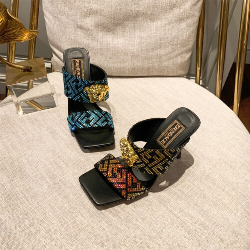 High Quality Luxury Fendi X Versace Medusa FF Logo High Heel Slippers – Style 55539 alternate view