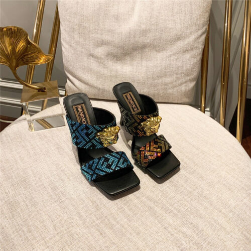 High Quality Luxury Fendi X Versace Medusa FF Logo High Heel Slippers – Style 55539