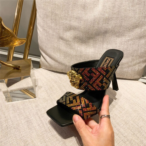 High Quality Luxury Fendi X Versace Medusa FF Logo High Heel Slippers – Style 55539 product detail