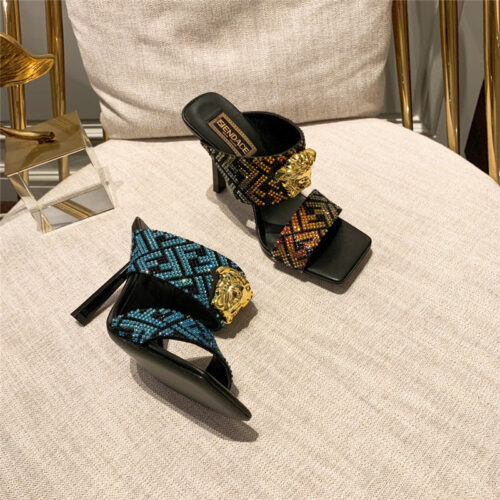 High Quality Luxury Fendi X Versace Medusa FF Logo High Heel Slippers – Style 55539 product detail