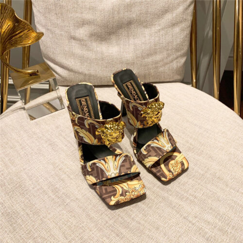 High Quality Luxury Fendi X Versace Medusa FF Logo High Heel Slippers – Style 45363