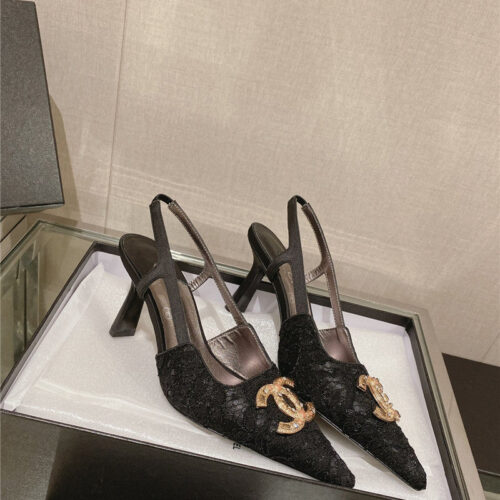 High Quality Luxury Chanel Vintage Lace Heeled Sandals – Style 81510