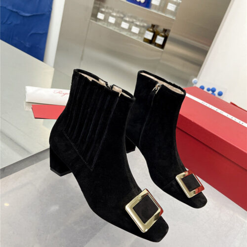 High Quality Luxury Roger Vivier Metal Square Buckle Ankle Boots – Style 27508