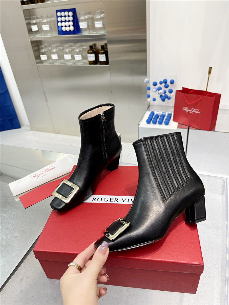 High Quality Luxury Roger Vivier Metal Square Buckle Ankle Boots – Style 98132 product detail