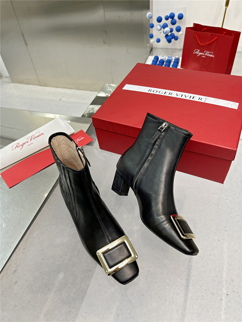 High Quality Luxury Roger Vivier Metal Square Buckle Ankle Boots – Style 98132 product detail