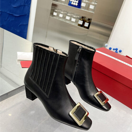 High Quality Luxury Roger Vivier Metal Square Buckle Ankle Boots – Style 98132
