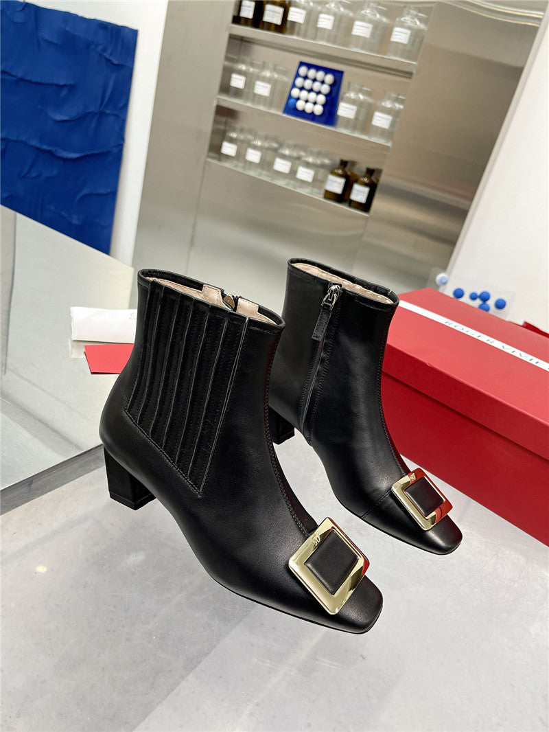 High Quality Luxury Roger Vivier Metal Square Buckle Ankle Boots – Style 98132
