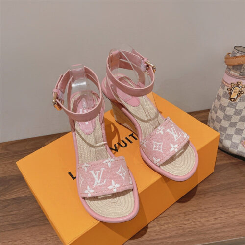High Quality Luxury Louis Vuitton Straw Wedge Sandals alternate view