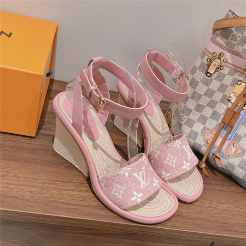 High Quality Luxury Louis Vuitton Straw Wedge Sandals