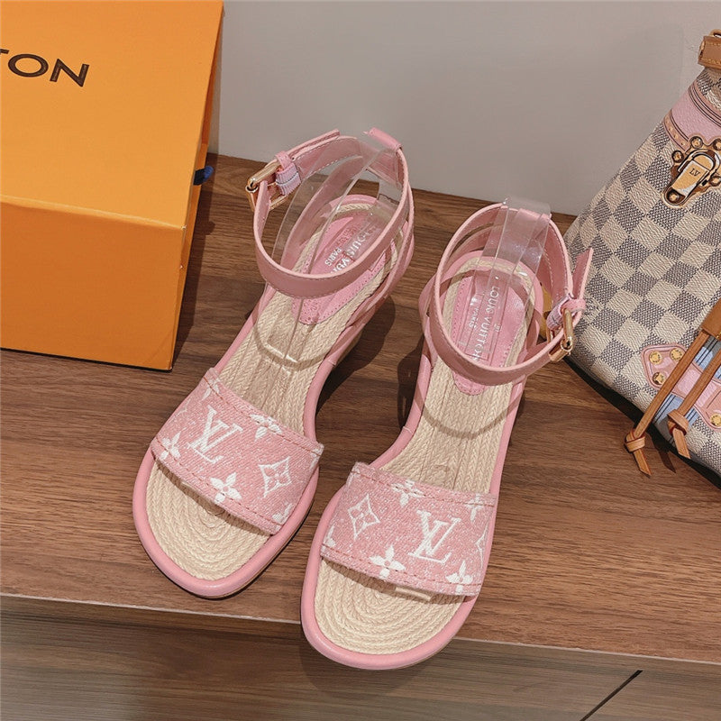 High Quality Luxury Louis Vuitton Straw Wedge Sandals product detail