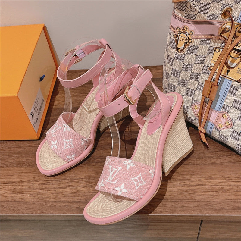 High Quality Luxury Louis Vuitton Straw Wedge Sandals product detail