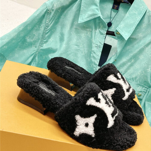 High Quality Luxury Louis Vuitton Chunky Heel Wool Slippers
