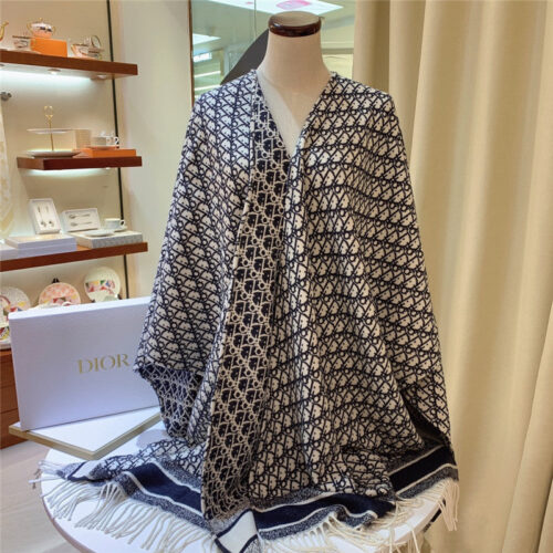 High Quality Luxury Dior Blue Cashmere Oblique Print Cape Shawl
