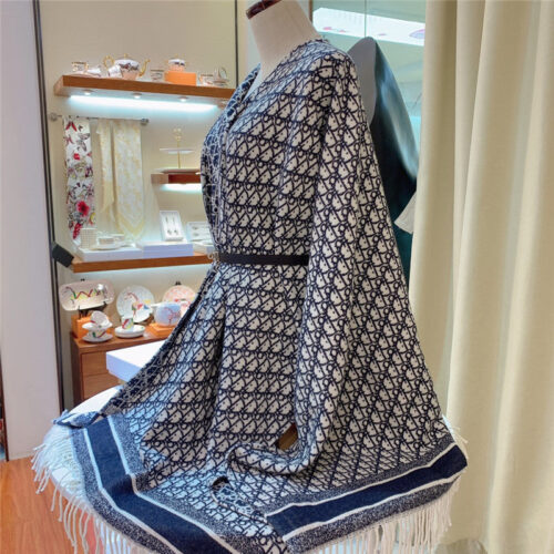 High Quality Luxury Dior Blue Cashmere Oblique Print Cape Shawl product detail