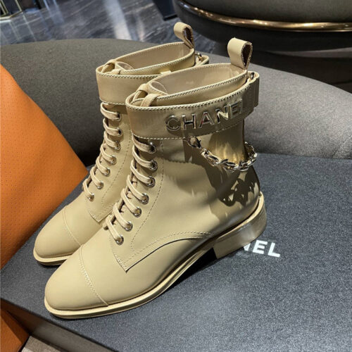High Quality Luxury Chanel Chain Lace Up Ankle Boots