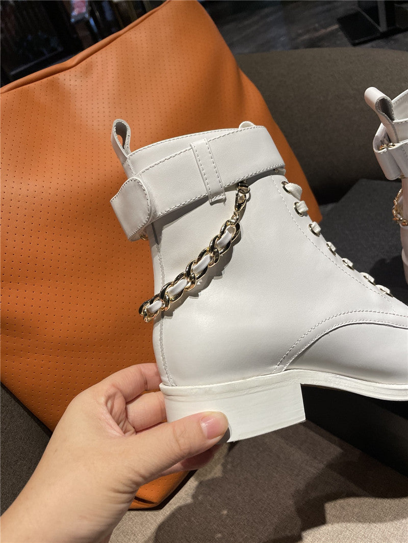 High Quality Luxury Chanel Chain Lace Up Ankle Boots – Style 27078 product detail