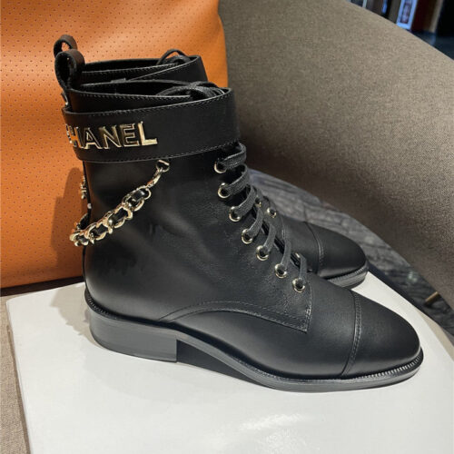 High Quality Luxury Chanel Chain Lace Up Ankle Boots – Style 56454 product detail