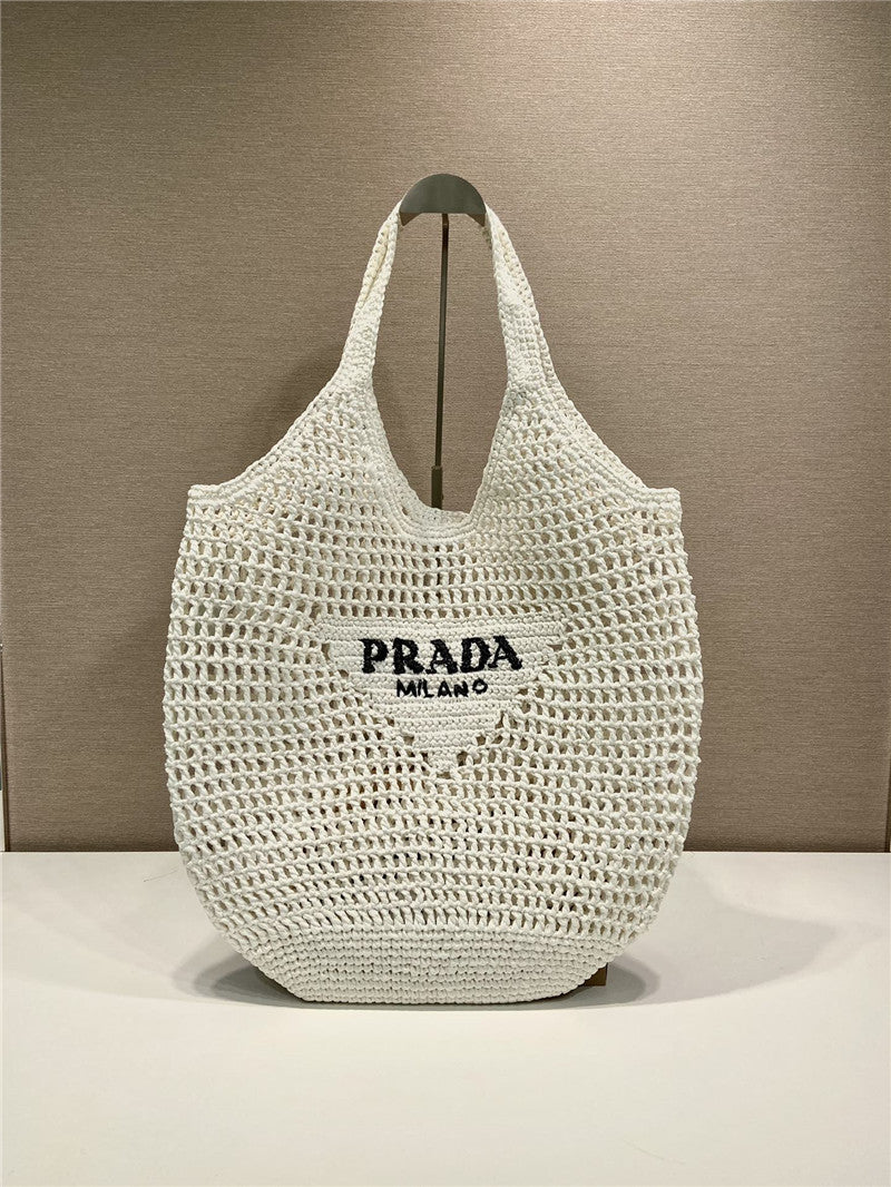 High Quality Luxury Prada Raffia Tote Bag White