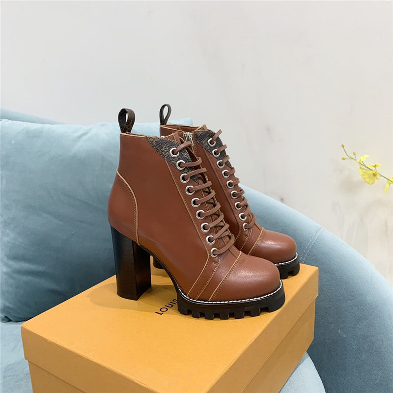 High Quality Luxury Louis Vuitton Lace Up Chunky Heel Ankle Boots – Style 81123