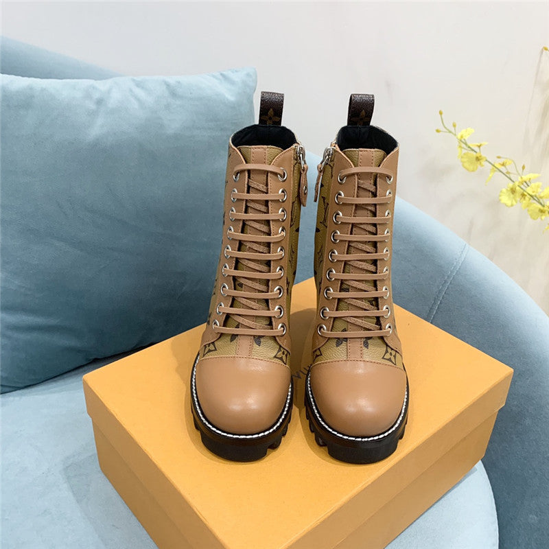 High Quality Luxury Louis Vuitton Lace Up Chunky Heel Ankle Boots product detail
