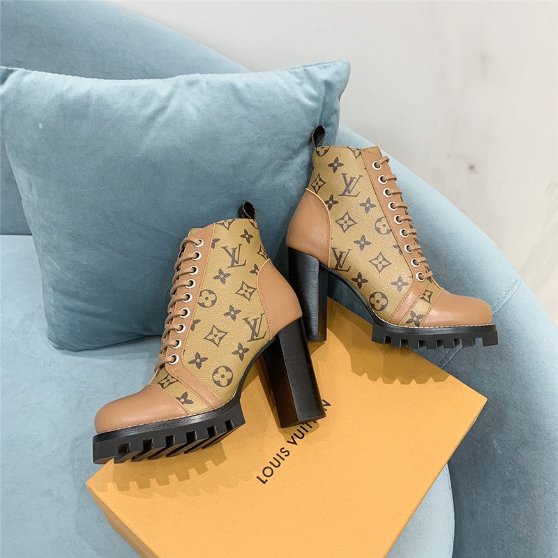 High Quality Luxury Louis Vuitton Lace Up Chunky Heel Ankle Boots product detail
