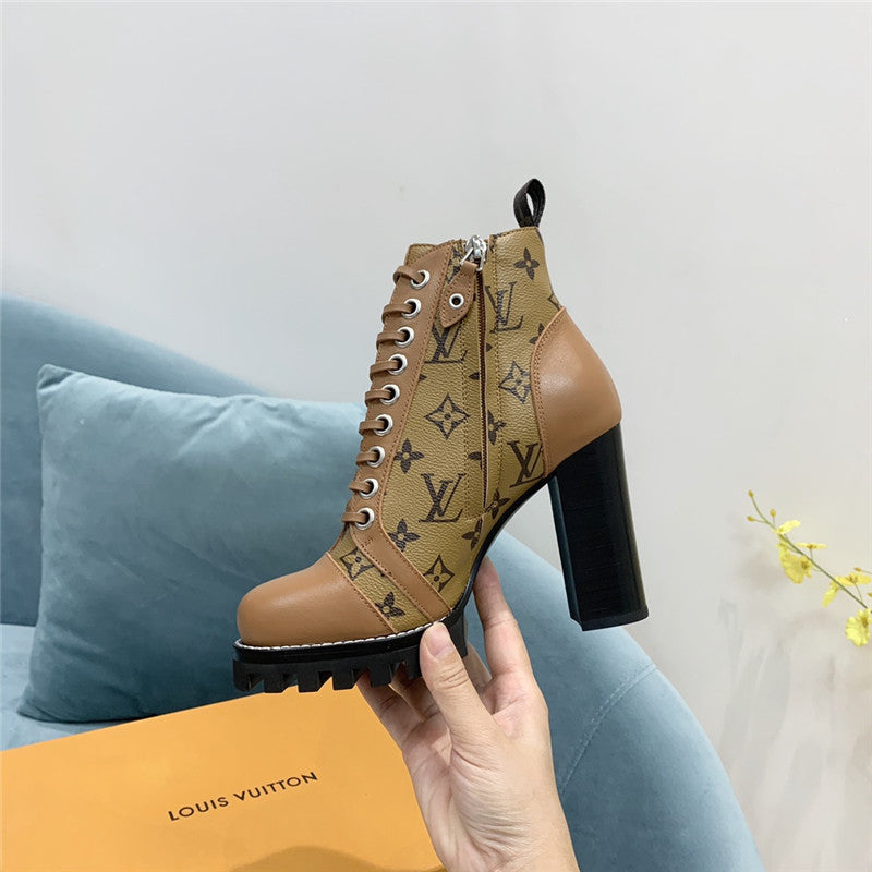 High Quality Luxury Louis Vuitton Lace Up Chunky Heel Ankle Boots product detail