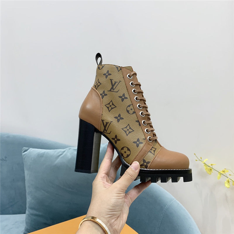 High Quality Luxury Louis Vuitton Lace Up Chunky Heel Ankle Boots product detail
