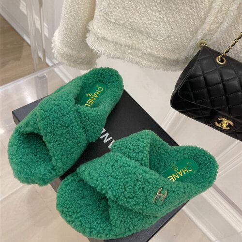 High Quality Luxury Chanel Cc Cross Strap Lambswool Slippers – Style 14726 alternate view
