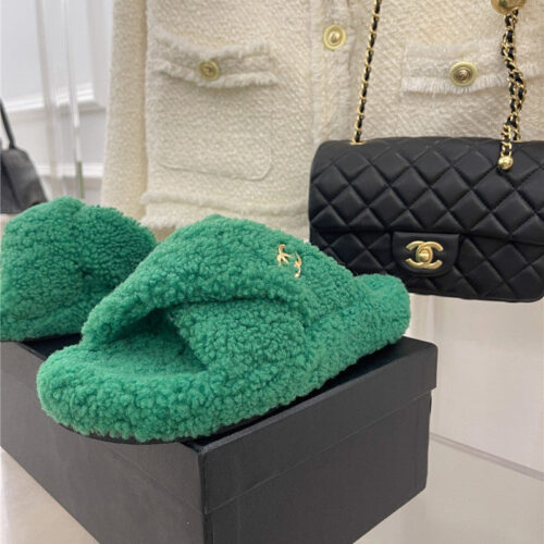 High Quality Luxury Chanel Cc Cross Strap Lambswool Slippers – Style 14726 product detail