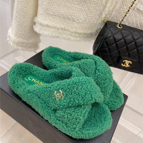 High Quality Luxury Chanel Cc Cross Strap Lambswool Slippers – Style 14726
