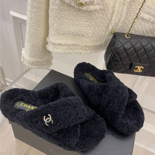 High Quality Luxury Chanel Cc Cross Strap Lambswool Slippers – Style 80262