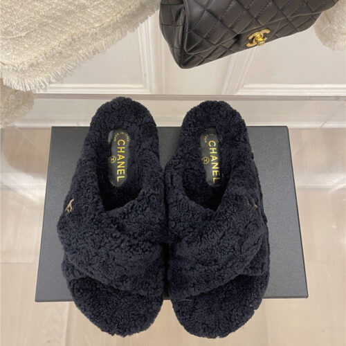 High Quality Luxury Chanel Cc Cross Strap Lambswool Slippers – Style 80262 alternate view