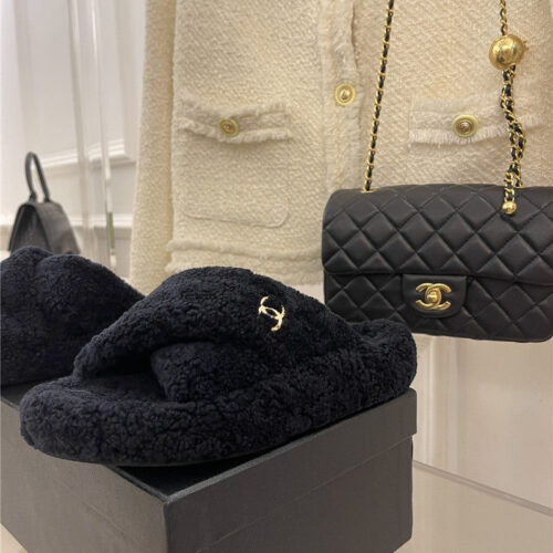 High Quality Luxury Chanel Cc Cross Strap Lambswool Slippers – Style 80262 product detail