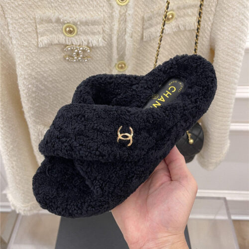 High Quality Luxury Chanel Cc Cross Strap Lambswool Slippers – Style 80262 product detail