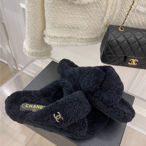 High Quality Luxury Chanel Cc Cross Strap Lambswool Slippers – Style 80262 product detail
